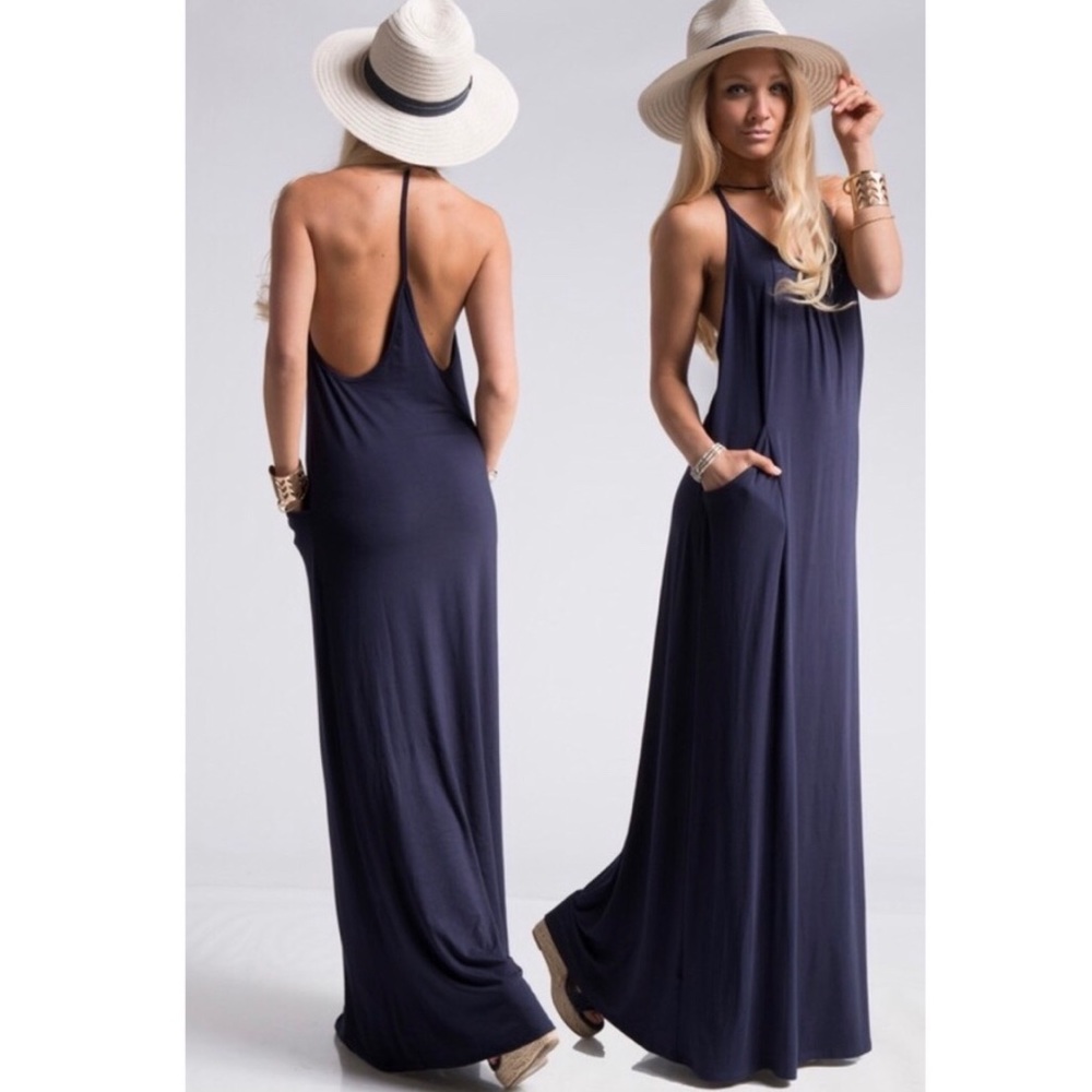 Navy racerback maxi dress with pockets!
